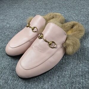 GUCCI Womens US 8.5 EU 39 Princetown Fur Mule Horsebit Loafer Pink Leather Slide